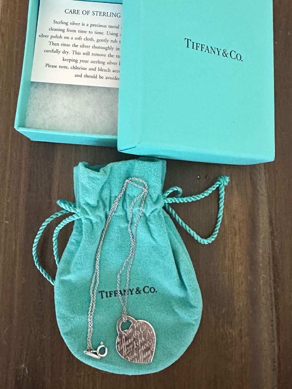 Tiffany & Co. Silver Heart Tag Necklace with Signature Blue Pouch and box